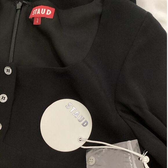 Staud Lara Midi Dress In Black Crepe Balloon Sleeves Ruffled Hemline Size 2 - Picture 13 of 13